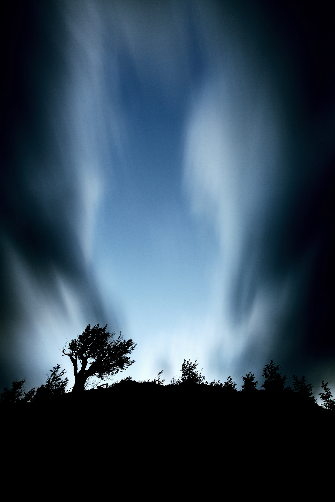 La Porte des espaces Célestes celeste vertical patagonie arbre pose longue nuages heure bleue